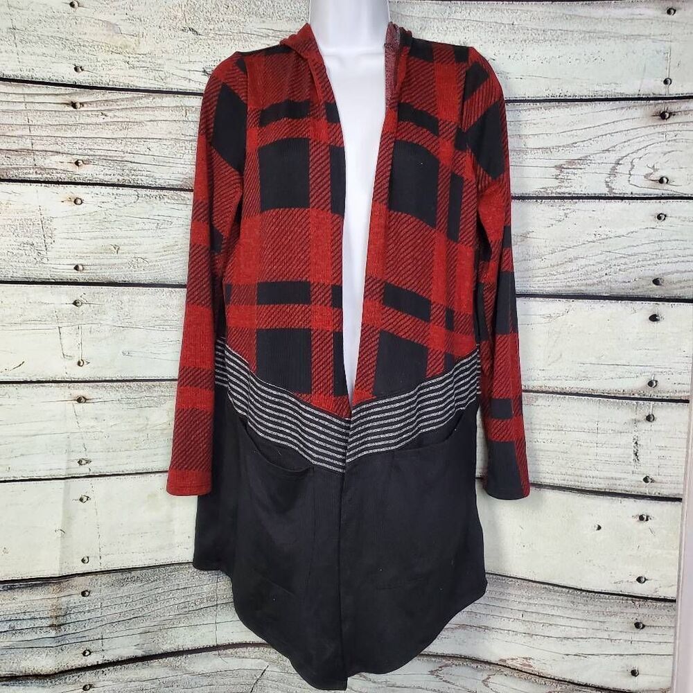 Maurices Hooded Open Front Cardigan Red Black Plaid Colorblock Knit Women’s M